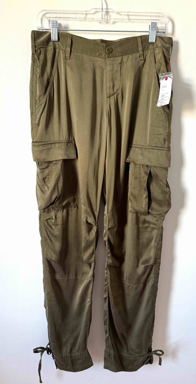Joie Silk Cargo Button Fly Utility Chic Joggers Pants Olive Green Size 28 NEW